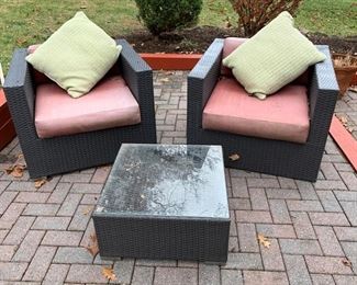 94. Pair of All Weather Wicker Club Chairs and Glass Top Accent Table (as is)