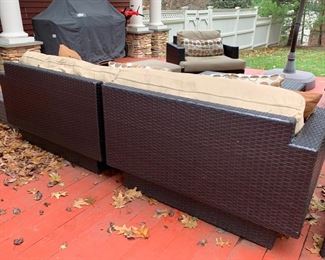 96. Set of Black All Weather Wicker w/ Sunbrella Cushions: Sofa, 2 Armchairs w/ Ottomans; 2 Side Tables, 1 Coffee Table 