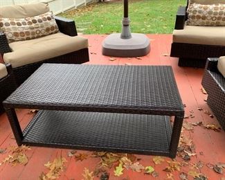 96. Set of Black All Weather Wicker w/ Sunbrella Cushions: Sofa, 2 Armchairs w/ Ottomans; 2 Side Tables, 1 Coffee Table 