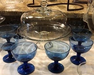 Cake Plate and Blue Glassware