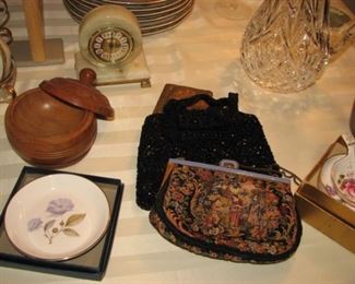 Petit point purse, treenware jar,