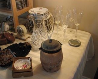 Depression glass stemware, green jasperware, Victorian biscuit jar, Waterford