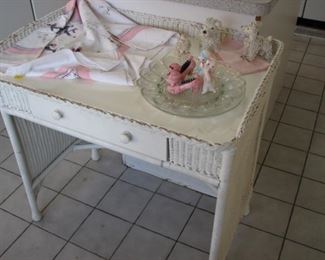 Wicker vanity table, vintage spaghetti poodles