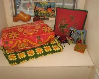 Vintage afghan, needlepoint pillows