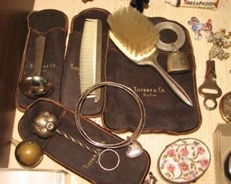 Vintage Tiffany & Co. baby rattles, teething ring, comb & brush