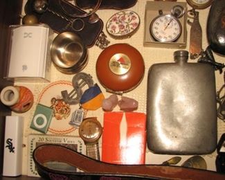 Vintage flask, stopwatch, money clip