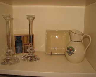 Val St. Lambert crystal candleholders, Lenox Autumn pattern pitcher