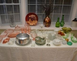 green, clear, and pink glassware - cake plates, pitcher and glasses, bowls, plates, candy dishes