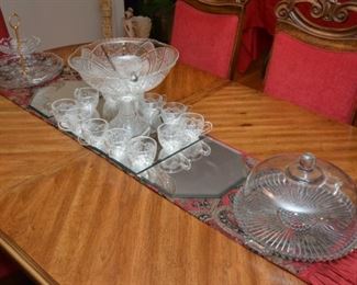 tiered serving plate, punch bowl/pedestal/cups/ladle set, glass cake plate and dome