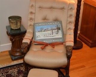 RJ Horner carved arm chair, floor lamp, faux painted pedastal, North Carolina coffee table book