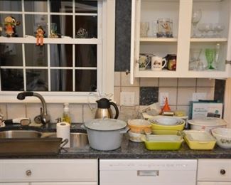 Pyrex, glassware, coffee mugs, enamel pot