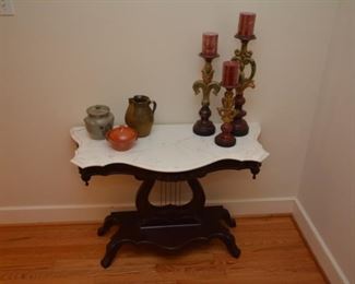 harp marble top table, pottery - Jugtown, Meadows