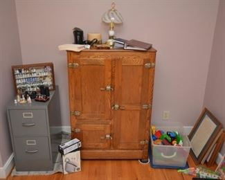 vintage oak ice box, file cabinet, thimble collection, pictures, toys, photo albums, binoculars