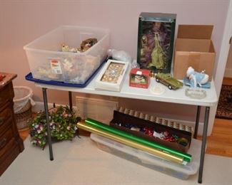 Christmas ornaments, angel, wrapping paper and bows