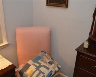 pink chair, handmade quilt, sea captain