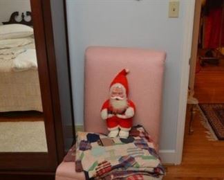 matching pink chair, quilt, Santa