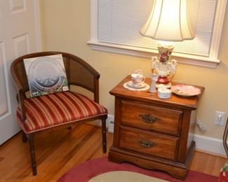 side chair and nightstand, lamp, cup and saucer