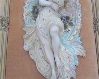 Pair framed porcelain bisque relief embracing couple, Capodimonte stye