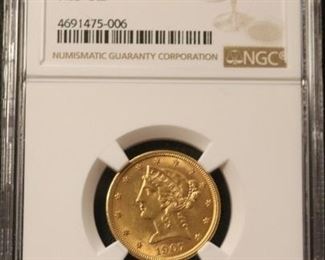 1907 MS62 NGC $5 Gold coin