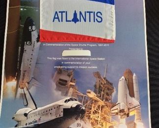 NASA Space Shuttle Commemorative Poster with Space Shuttle Atlantis Flag Flown to the International Space Station.