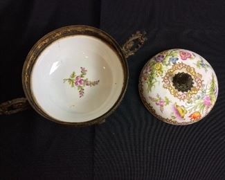 Antique Brass and Porcelain Footed Bowl, Depose, 6 1/2" H.