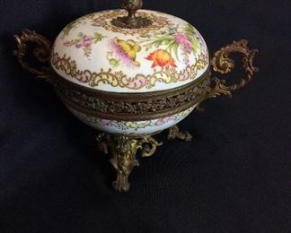 Antique Brass and Porcelain Footed Bowl, Depose, 6 1/2" H.