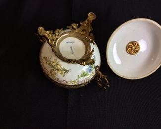 Antique Brass and Porcelain Footed Bowl, Depose, 6 1/2" H.