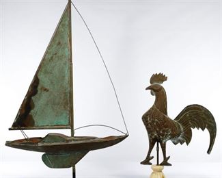 Folk Art Sailboat and Rooster Form Weathervane Toppers