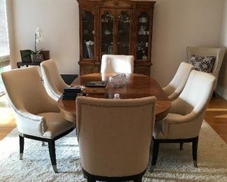 Silver tip leg oatmeal flax dining chairs $ 399 each- Extension Dining table with felt pads $700 - grey and pewter frame xlarge mirror $199 - china, crystal, dishware all avail
