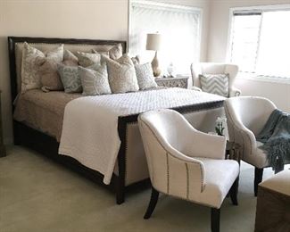 Cal King Bed  - nailhead chairs - ottomans, bedding and pillows all showroom fresh and avail
