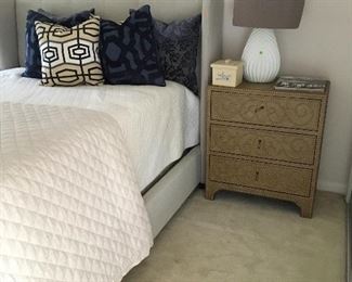 Oatmeal modern wing bed $799 each - nailhead chests  and lamps avail