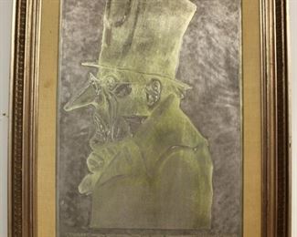 Metal embossed picture of Ebenezer Scrooge.  Reads (in reverse), "Haunted by the ghost of Christmas presents?  Brighten your spirits...DISCOVER WALDOFF'S".  Hung in Waldoff's clothing store at Christmas.