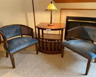 Two Pull Up Chairs with Caned Sides, End Table with Rack, and 2 Lamps