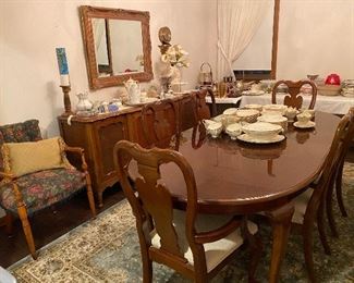 Queen Anne Style Dining Room Table and 6 Matching Chairs, French Provincial Buffet/Sideboard, Upholstered Side Chair, China Sets  