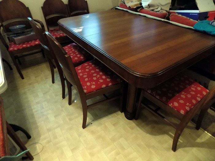 Waterfall pattern vintage dining room set - table, 6 chairs, buffet and china cabinet