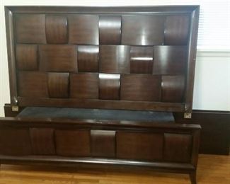 Queen sized wood headboard, footboard with drawers, side frames and slats
