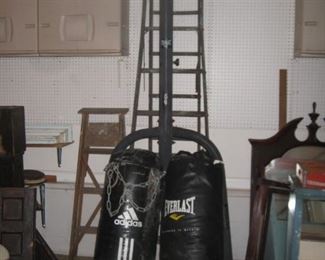 Everlast punching bag and stand. Vintage wood ladders