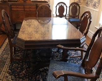 ANTIQUE TABLE AND 6 CHAIRS