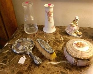 Sterling brush and mirror, tumble up, porcelain pretties