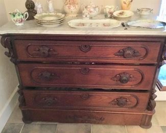 Marble top chest of drawers, antique limoges pieces