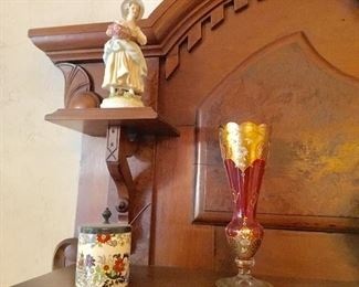 Bohemian vase, marmalade jar, figurines 