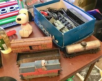 Vintage Train items , vintage snoopy bank 