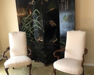 Chinese 4 Panel Lacquered Screen, Pair of Side Chairs