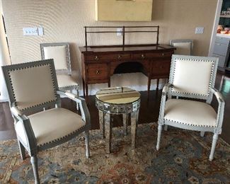 Set of 8 nailhead Oly dining chairs asking $1100 for the set.  Mirrored table asking $160. Antique sideboard is 61"w x 19.5"d x 36" high asking $280 Gorgeous carpet Kalaty Oushak collection $540 6' x 9'