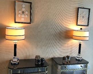 mirrored end tables with granite tops asking $560 for the pair. Art Nouveau lamps $600 for the pair