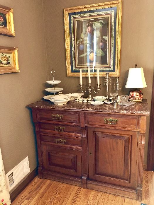 1880's Buffet with Marble top and velvet lined silverware drawer.  Excellent condition