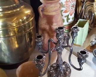 Large brass lamp, pottery, and antique silver plate candelabrum