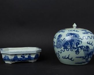 A Blue White Bixie Ginger Jar together with a
