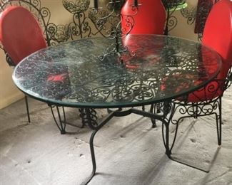 Spanish style iron & glass table & 4 chairs