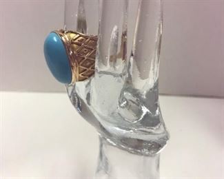 16. Ring 14kt gold with Persian Turquoise cabochon stone size 7. Custom made in Thailand. 36 grams